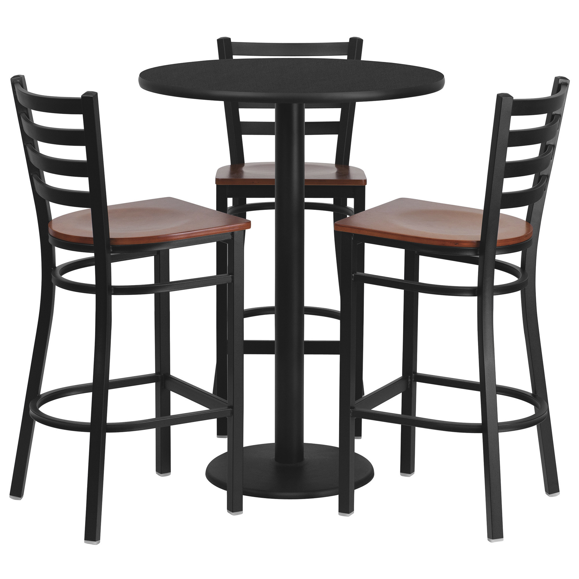Flash Furniture 30in. Round Bar-Height Table and 3-Pc. Stool Set, Black Tabletop/Cherry Wood Seat, Model# MD0013